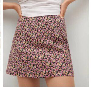 Mango Floral Print Mini Flared Skirt High Waist Rise Cotton A-Line Pink Black S